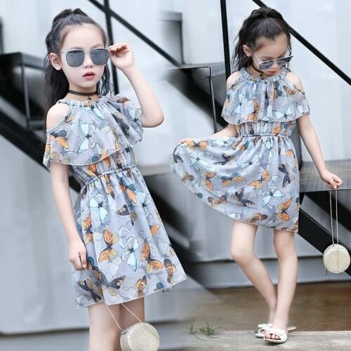 Girls Dress Summer Floral Childrens Dresses Beach Off-the-shoulder Chiffon Dress Childrens Clothing for Girls