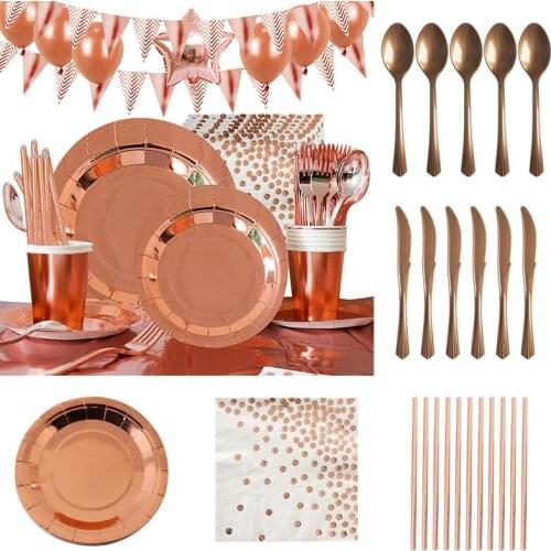 Rose Gold Tableware Party Disposable Tableware Birthday Party Decorative Paper Cup Tray Straw Cupcake plate Set Banquet Supplies