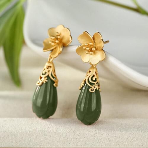 S925 Sterling Silver Jasper Magnolia Eardrops Natural Hetian Jade Flower Earrings Simple High Sense Earrings Ornament for Women