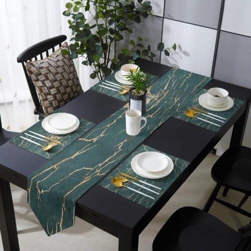 Green Marble Lines Golden Crack Texture Table Runner Holiday Kitchen Dining Table Runners Place Mats Set for Home Party Decor