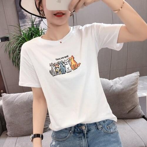 Will ~ cat embroidery white T-shirt female new spring and summer short-sleeved blouse joker half sleeve render unlined upper gar