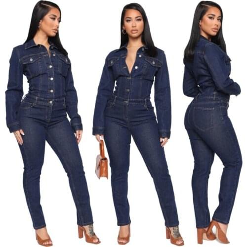 Women Fashion Turn-down Neck Long Sleeve Buttons Pockets Casual Denim Jumpsuit