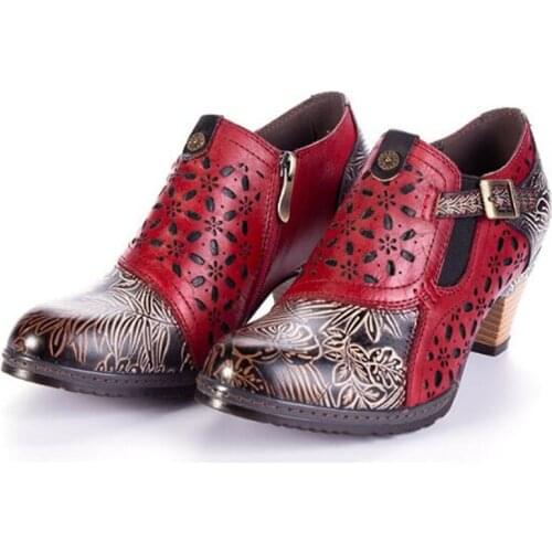 Retro Genuine Leather Embossed Pattern Splicing Folkways Craft Cloth Women Ankle Boots 6CM Thick High heel printing Women Shoes