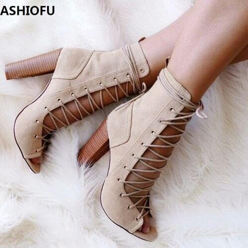 ASHIOFU Handmade Womens Chunky Heel Pumps Shoelace Straps Party Prom Dress Shoes Peep-toe Fashion Evening Court Shoes