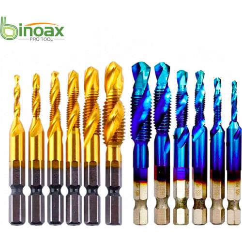BINOAX 6Pcs Titanium HSS Combination Drill Tap Bit Countersink Hex Shank M3-M10
