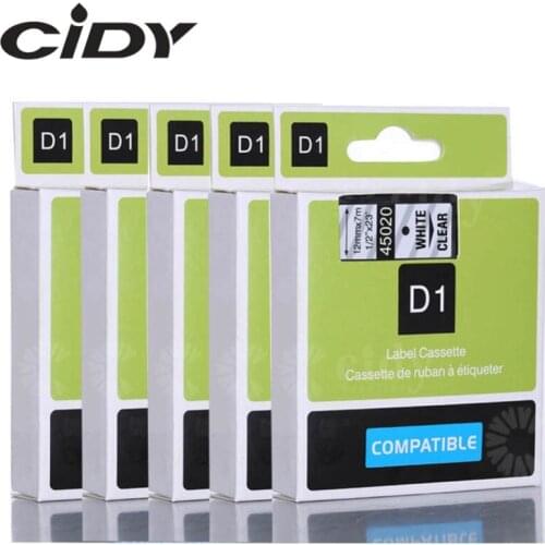 Cidy 5pcs Compatible Dymo Labelmanager 12mm D1 White on Clear 45020 Label Tape Cartridges for DYMO LM160 LM280 PNP