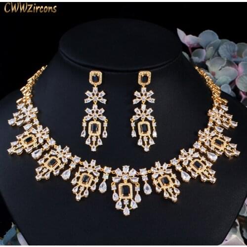 CWWZircons African Dubai Gold Color Cubic Zirconia Black Stone Necklace Earring Luxury Wedding Bridal Jewelry Set Accessory T522