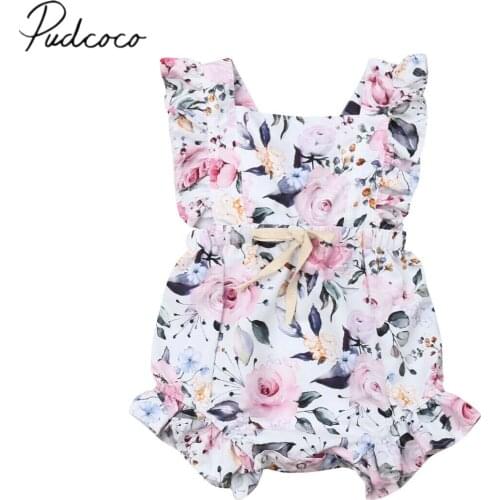 2019 Baby Summer Clothing 0-18M Cute Infant Baby Girls Romper Sleeveless Ruffles Flower Backless Sunsuit Romper Outfits Clothes