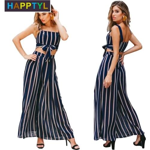 HAPPTYL 2Pcs/Set Women Sling Casual Outfit Summer Sexy Wrapped Chest Tops Wide Leg Pants Beach Boho Travel Daily Sets