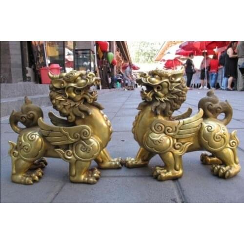 Chinese Pure Brass talisman Fengshui Evil Door Fu Foo Dog Lion beast kylin Pair