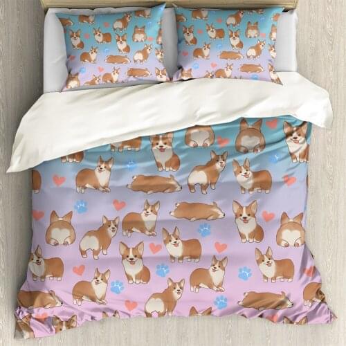 Colorful Corgi Dog Printed Family Bedding Set for Kids Cartoon Bed Cover Single Boys Duvet Cover Set Single Size Bedclothes