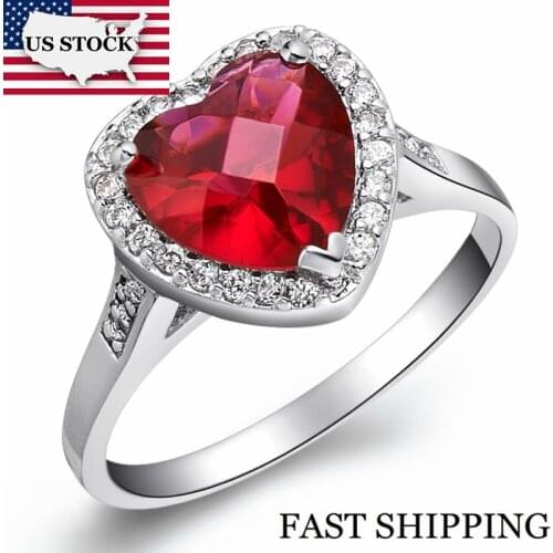 US STOCK Crystal Wedding Rings for Women Silver Color Ring with Red Stone Heart Shaped Love Accessories Uloveido J123