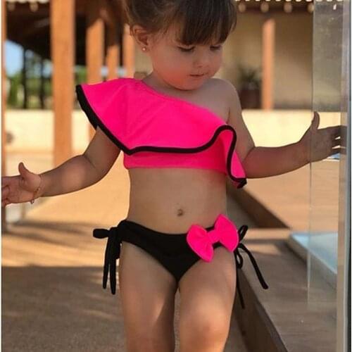 Ship in 24 Hours Summer Baby Kids Girl Two Piece Swimsuit Child Swimwear Ruffles Bow Water Sports Bikini Shoulder Beach Bathing