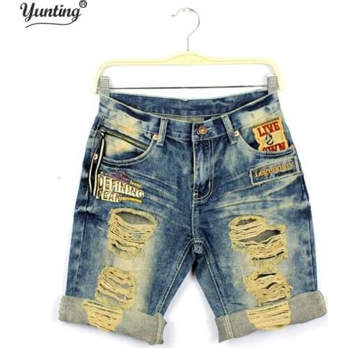 Summer lovers jeans casual holes denim capris embroidery roll up hem shorts male and female Free shipping