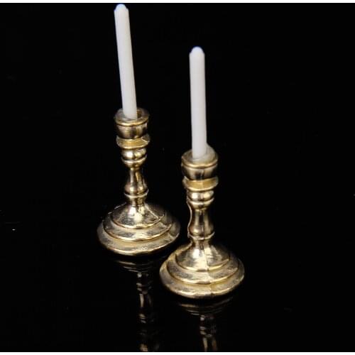 Dollhouse Miniature Brass Metal Candlesticks White Candles Vintage 3.5cm