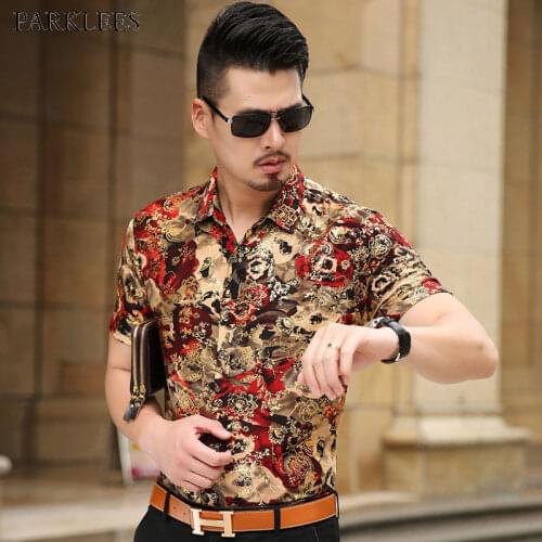 Fashion Gold Bronzing Floral Shirt Men 2018 Luxury Brand Silk Shirt Men Slim Fit Short Sleeve Camisa Hombre Mens Dress Shirts