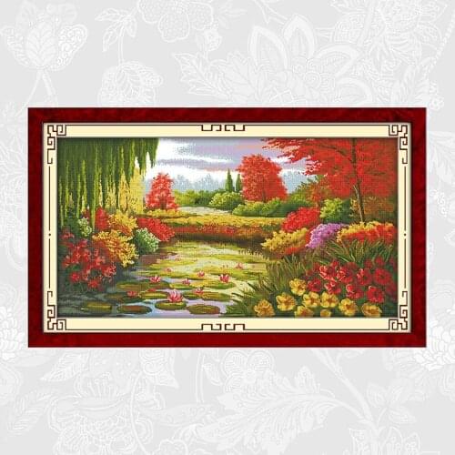Autumn scene in lotus pond Patterns Printed Canvas DIY Handwrok Cross Stitch Kits Counted Cross-stitch Embroidery Needlework