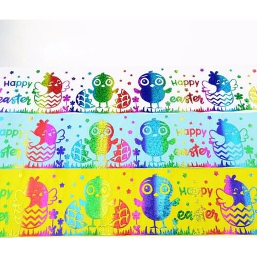 Wholesale 100Y/lot 75mm 3" hologram rainbow foil Easter owls printed polyester grosgrain ribbon welcome custom order