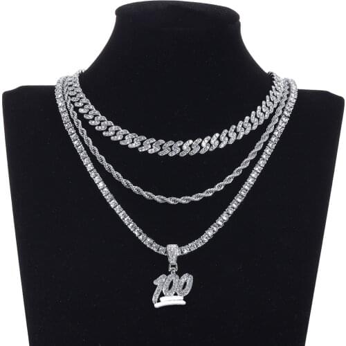 Women Men Cuban Link Chain One Hundred Pendant Necklace Iced Out Chain Bling Necklace For Men Hip Hop Gold Tennis Chain Necklace