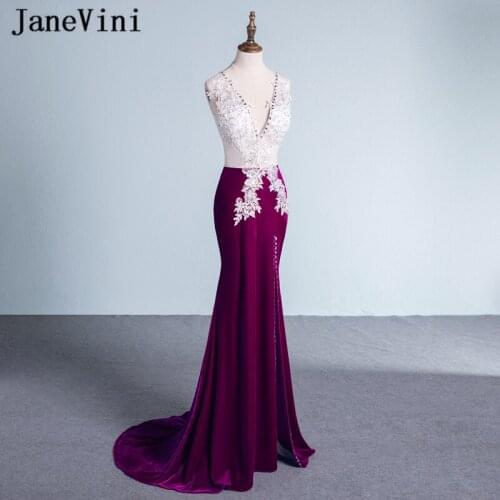 JaneVini Purple Mother of The Bride Dress Sequined Pearls Velvet Deep V Neck High Split Backless Sexy Mermaid Long Evening Gowns
