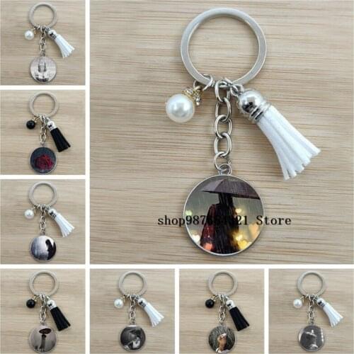 New Girl in the Rain Keychain Glass Cabochon Pendant Car Bag Keychain Student School Bag Pendant Keychain Jewelry