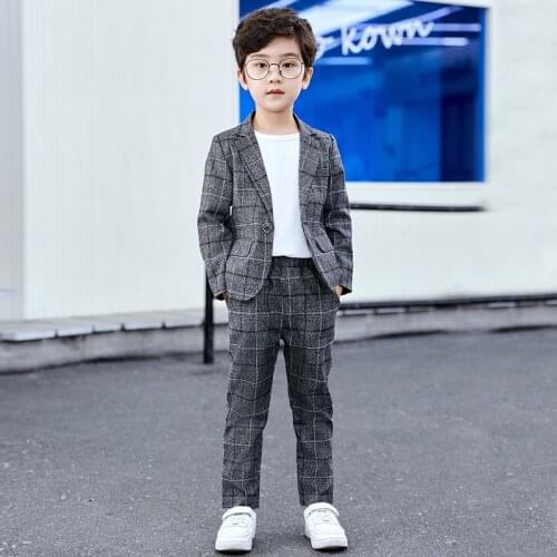Childrens Casual Suit Set Boys Spring Autumn Fashion Plaid Blazer Pants Clothes Set Kids Performance Piano Dress Costume