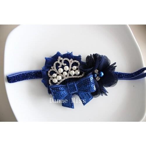 150 pcs Girl shabby chic flower headband sequin bow headband ,Chiffon Two Pearl Two Rhinestone Flower on glitter headband