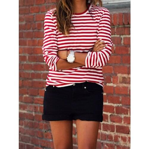 New Casual Women Red White Striped Long Sleeve T Shirt Cotton Loose Shirt Female Basic O-Neck Tops Tee Autumn Pullovers