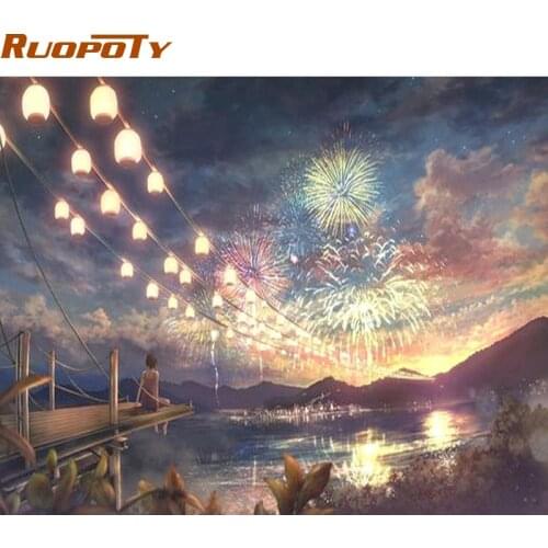 RUOPOTY Frame Fireworks At Night DIY Painting By Numbers Kits Coloring By Numbers Landscape Modern Wall Art For Living Room