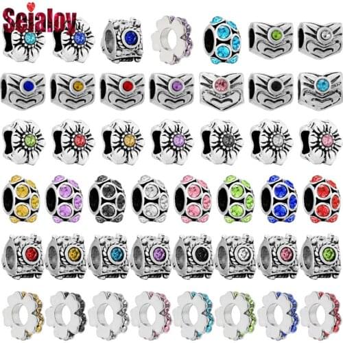 Seialoy 9 Color Round Big Hole Rhinestone Beaded Silver Color Heart Flower Beads Fit Diy Bracelets Jewelry Making Accessories
