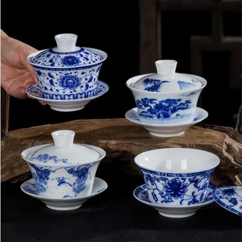 Blue and White Cover Bowl Single Tea Cup 300ml Extra Large Sancai Tea Bowl Kungfu Tea Set Home Ceramic Gaiwan