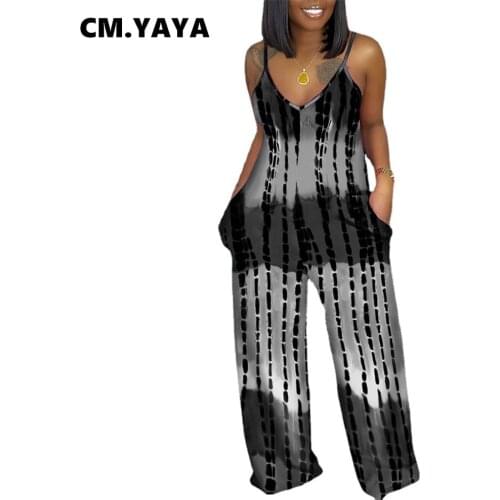 CM.YAYA Women Jumpsuit Tie Dye Print Sleeveless Strap V-neck Pockets Loose Straight Jumpsuits One Piece Overalls Summer Outfits