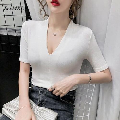 Summer T Shirts Women 2020 Fashion Short Sleeve Casual Cotton Sexy Tshirt Womens Korean Slim Clothing V Neck Black White T-shirt