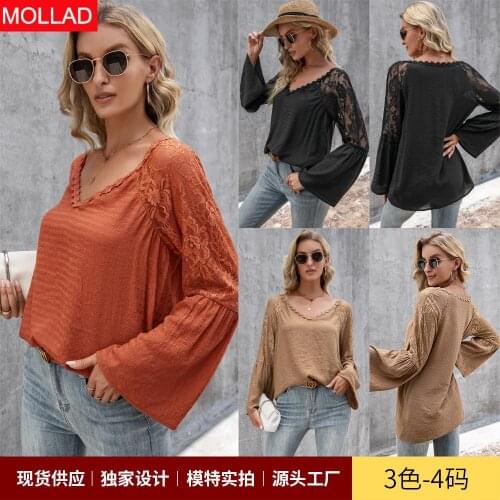 2021 Womens Clothing Solid Color Stitching Lace Lace Cutout V-neck Long Sleeve Top Women