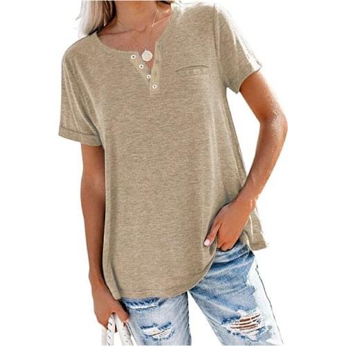 Summer 2021 Women Solid Color T-shirt Female V-neck Short Sleeve Casual Sweatshirt Casual Tee Top Grey/ Dark Green/ Black/ Khaki