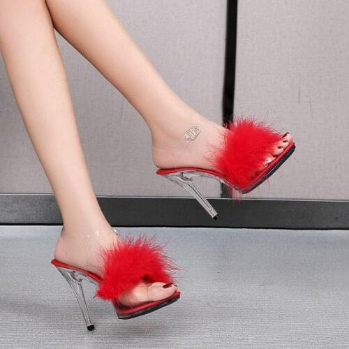 Women Sexy Party Club Rhinestone High Heels Girl Crystal Show 11 CM Transparent Word With Sandals Model Large Size Wedding Shoes