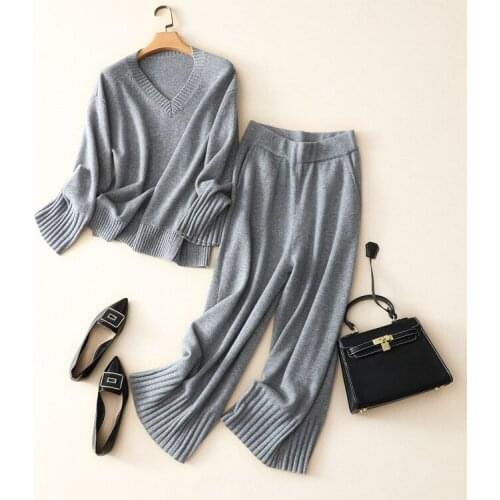 Pure cashmere knitted women fashion vneck pullover wide-leg pant 2pcs/set 3color M/L
