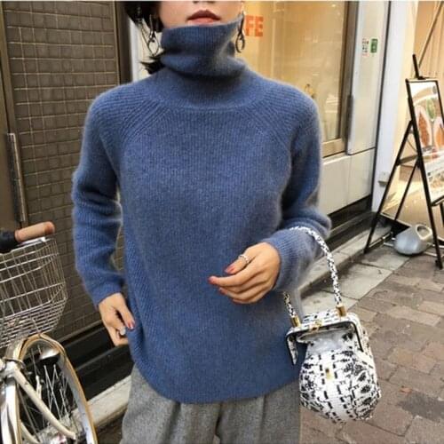 Autumn and winter new style 100% pure wool knitted sweater womens plus size loose pullover high collar outer knit sweater women