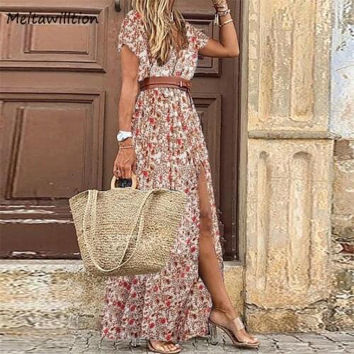Women Print Dress Spring Summer Bohemian Long Dress 2021 Casual V-Neck Short Sleeve Dress Vintage Party Dresses Vestidos
