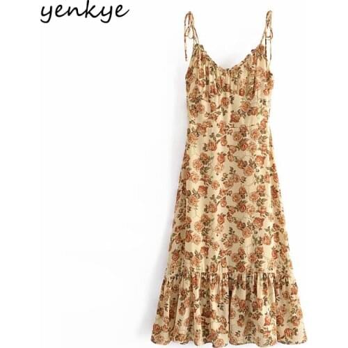 YENKYE Vintage Floral Print Sling Chiffon Dress Women Sexy Backless V Neck A-line Midi Robe Femme Holiday Summer Beach Dresses