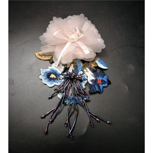 3d flower metal beaded brooch patches applique vintage crystal fabric sew on patch fashion clothing bags decoration patch