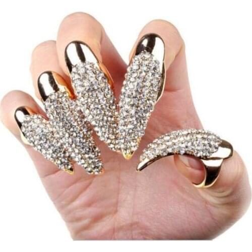 5pcs Salon False Nail with Rhinestones Finger Ring Claw Long Shiny Crystal Nails Art Tips Nail Decorations