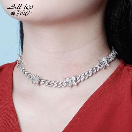 ALLICEONYOU 8mm Butterfly Cuban Chain Necklace Iced Out High Quality Cubic Zirconia Bling Hip Hop Charm Jewelry For Women Gift