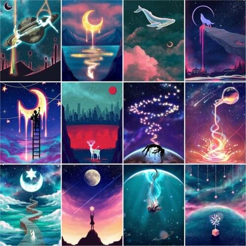 Huacan 5D DIY Diamond Painting Moon Full Drill Diamond Mosaic Embroidery Landscape Picture Of Rhinestones Bedroom Decoration