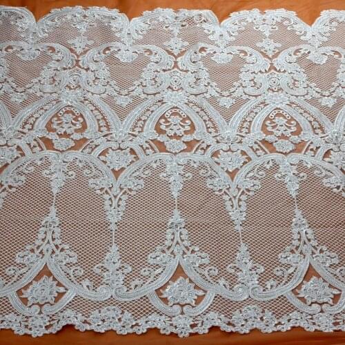 Off white wedding style ployester with sequins heavy embroidery lace fabric stage party dress lace fabric by yard