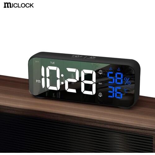 AKABELL 5th Gen Mirror Alarm Clock LED Music Wall Digital Clock Time Temperature Humidity Display USB Rechargeable Table Clock