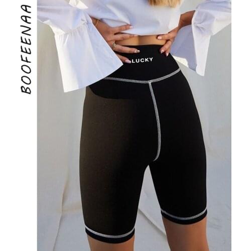 BOOFEENAA Lucky Letter Print Contrast Stitch Black High Waisted Biker Shorts Women Summer Sexy Elastic Running Shorts C66-AI13