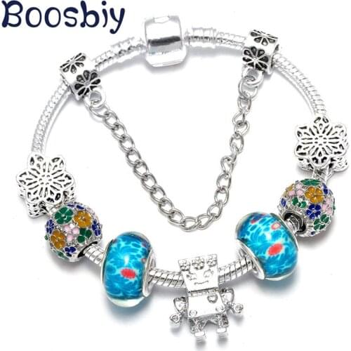 Boosbiy DIY Original Brand Bracelet With Blue Enamel Classic Garland European Style Charm Bracelet For Women Fashion Jewelry