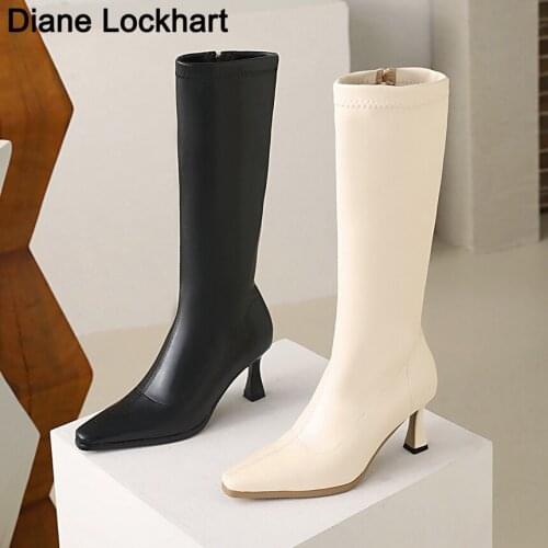 Brand Women Boots Fashion High Heels Knee High Boots Faux Leather Pointed Toe Slim Thin Heel Boots Winter Warm Female Boot Beige