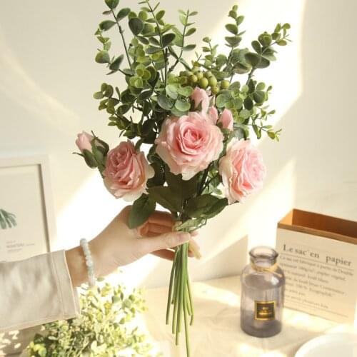 Bride Bouquet Bridesmaid Artificial Silk Flower Marriage Table Accessories Wedding Flowers Rose Eucalyptus Leaves Bouquets